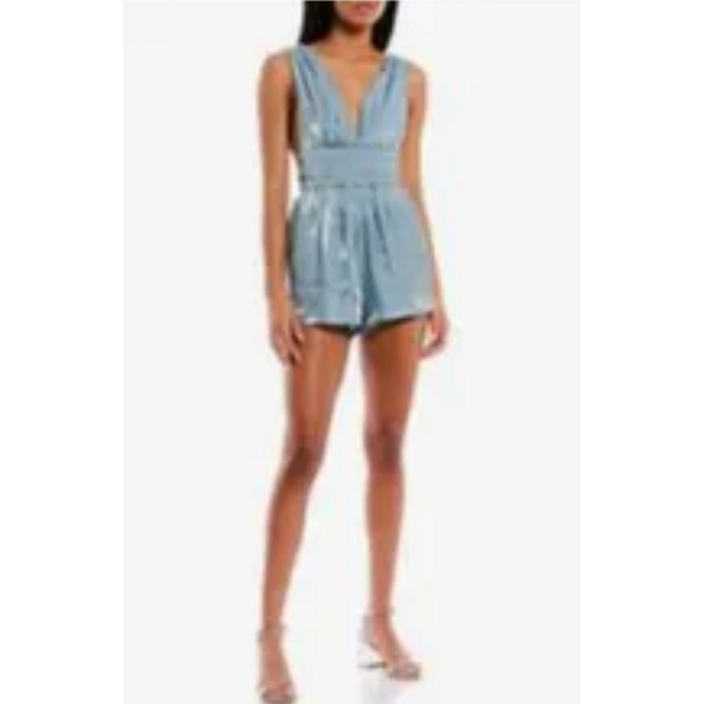 STILETTOS‎ Blue Metallic Pleated Romper L NWT | Spaghetti Strap V-Neck